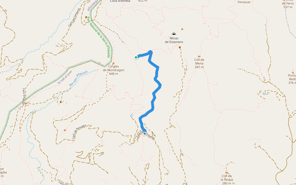 Senda Caçadors walking route map in la Vall d'Uixó