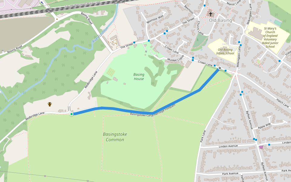 Basingstoke Canal Heritage Footpath walking route map in Old Basing