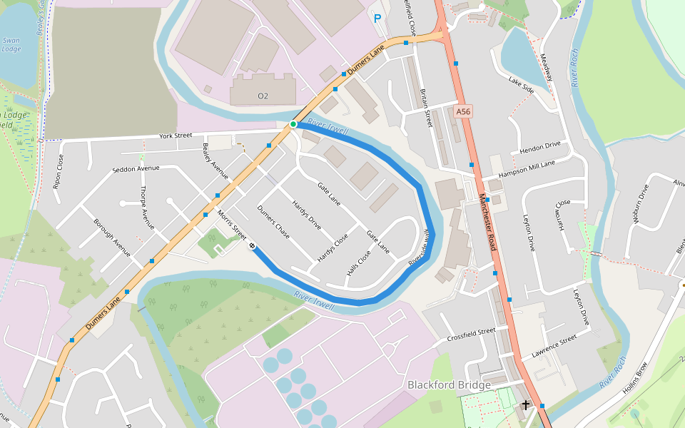 Riverside walk walking route map in Bury