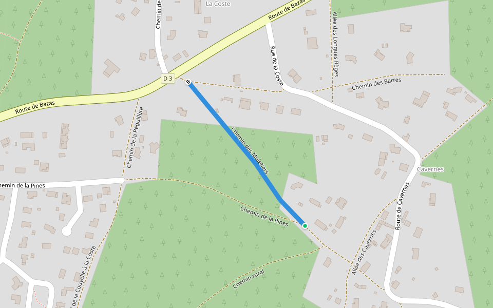 Chemin des Muletiers walking route map in Belin-Béliet