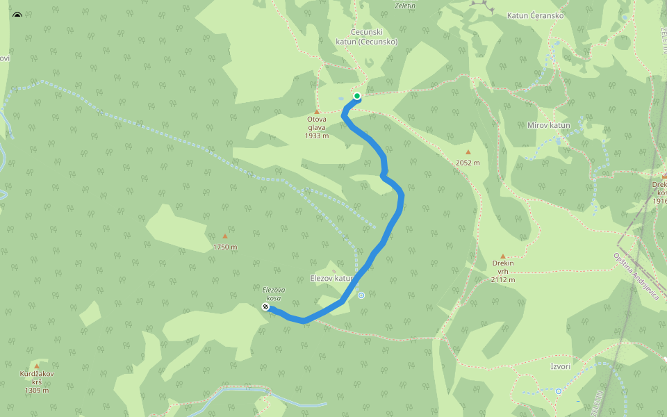 Cecunski katun - Elezova kosa walking route map in Kuti