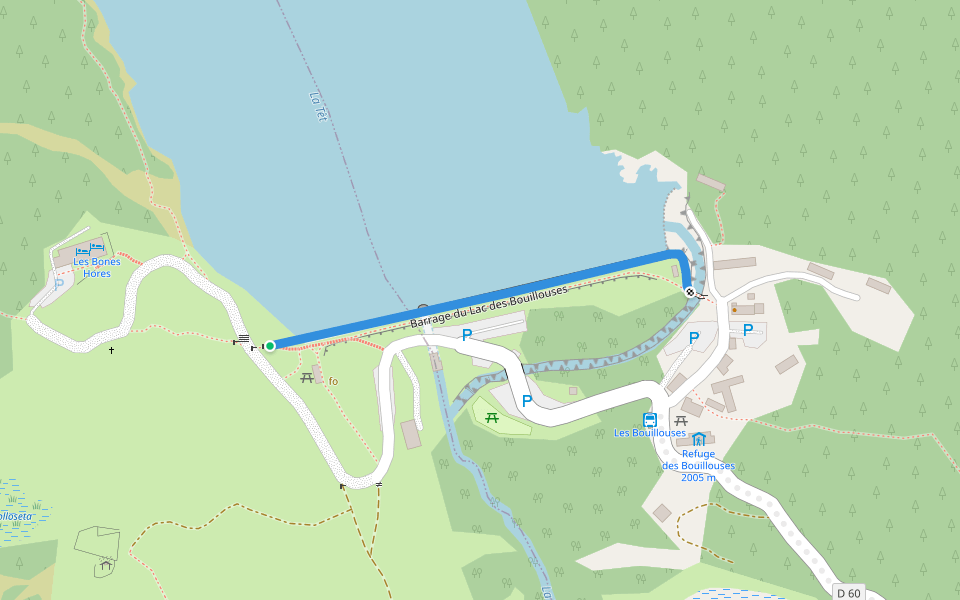 Barrage du Lac des Bouillouses walking route map in Angoustrine-Villeneuve-des-Escaldes