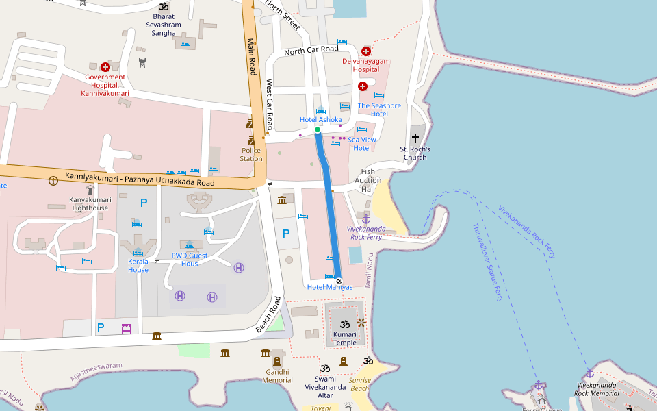 Sannathi Street walking route map in Kanniyakumari