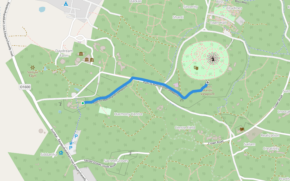 Path to Matrimandir viewpoint walking route map in Kuilapalayam
