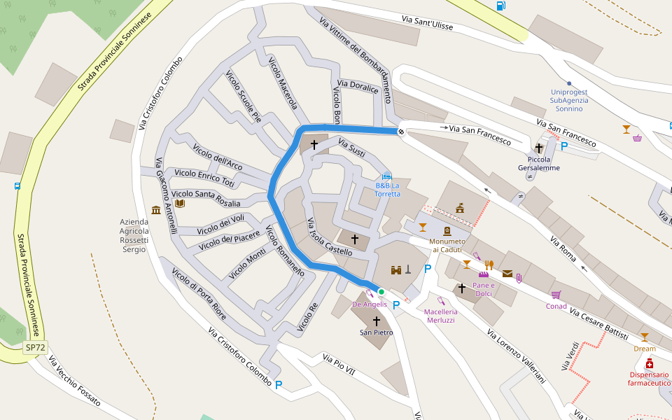 Via Vittorio Emanuele II walking route map in Sonnino