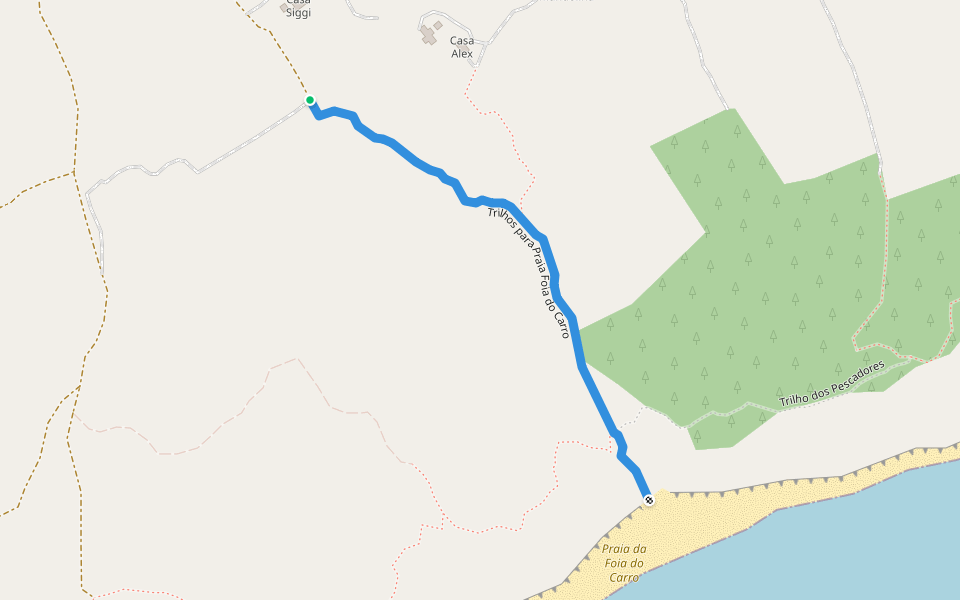 Trilhos para Praia Foia do Carro walking route map in Budens