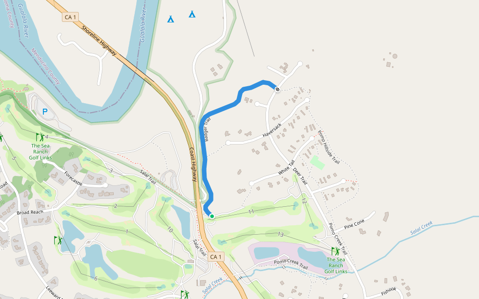 Badger Trail walking route map in Gualala