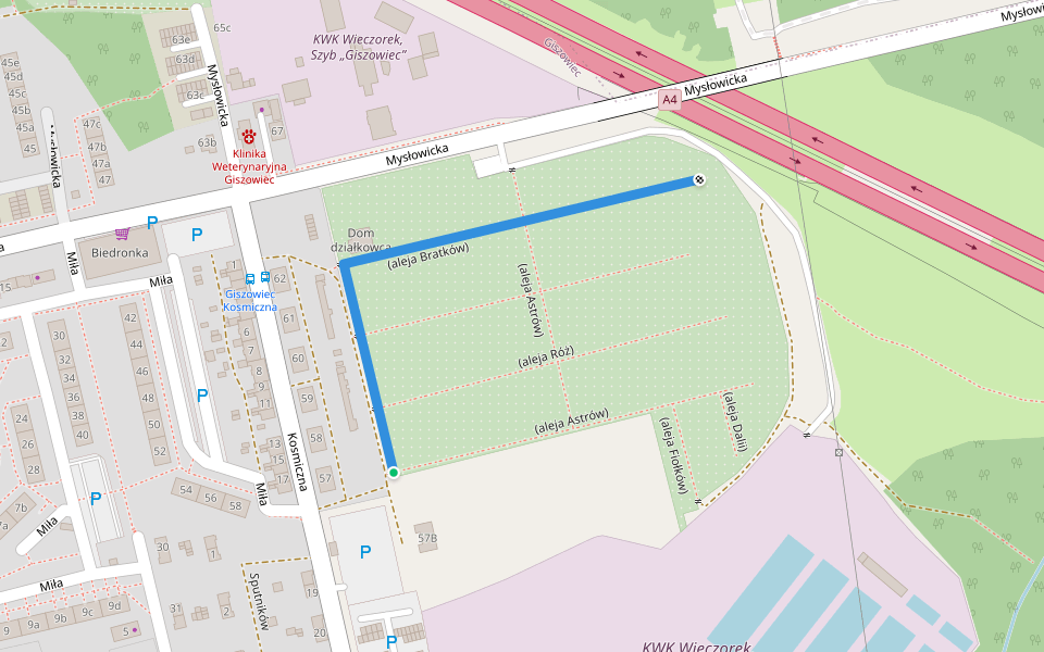(aleja Bratków) walking route map in Katowice