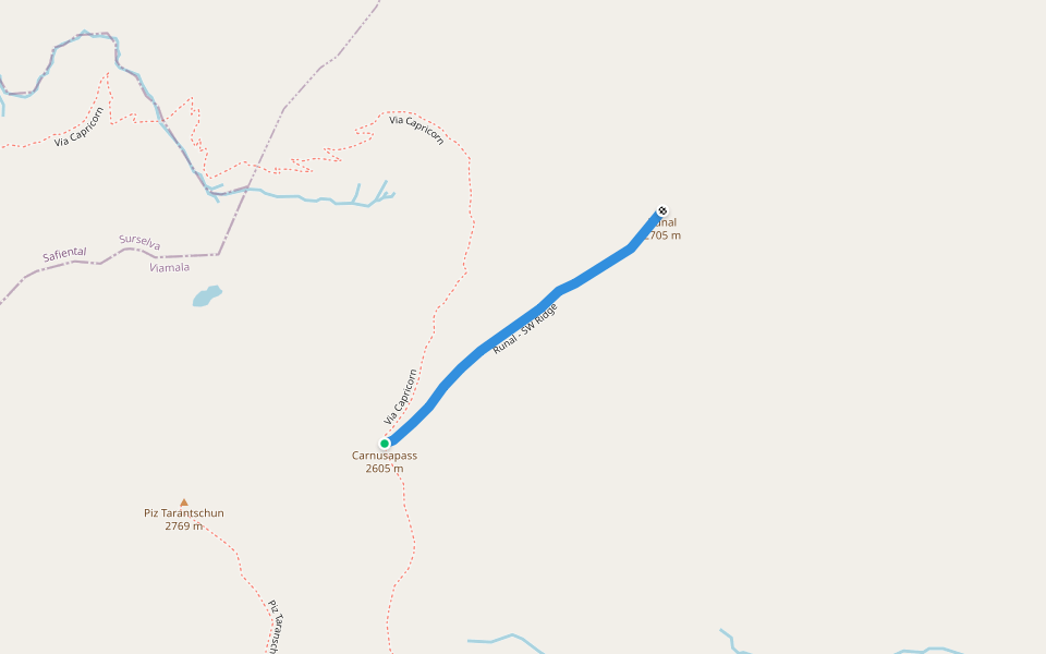 Runal - SW Ridge walking route map in Muntogna da Schons