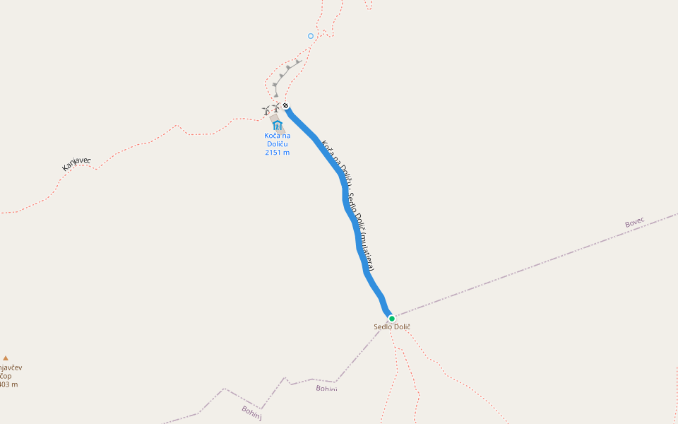 Koča na Doliču - Sedlo Dolič (mulatjera) walking route map in Stara Fužina