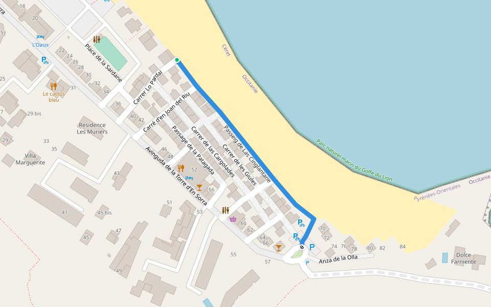 Passeig de Las Cinglantane walking route map in Argelès-sur-Mer