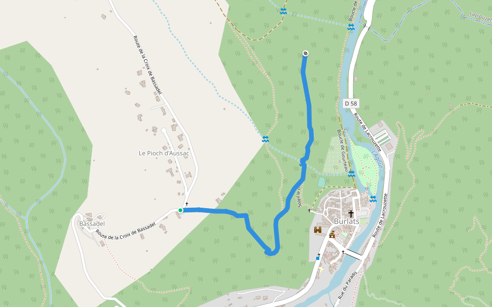 Chemin de Burlats à la Croix de Bassadel walking route map in Burlats