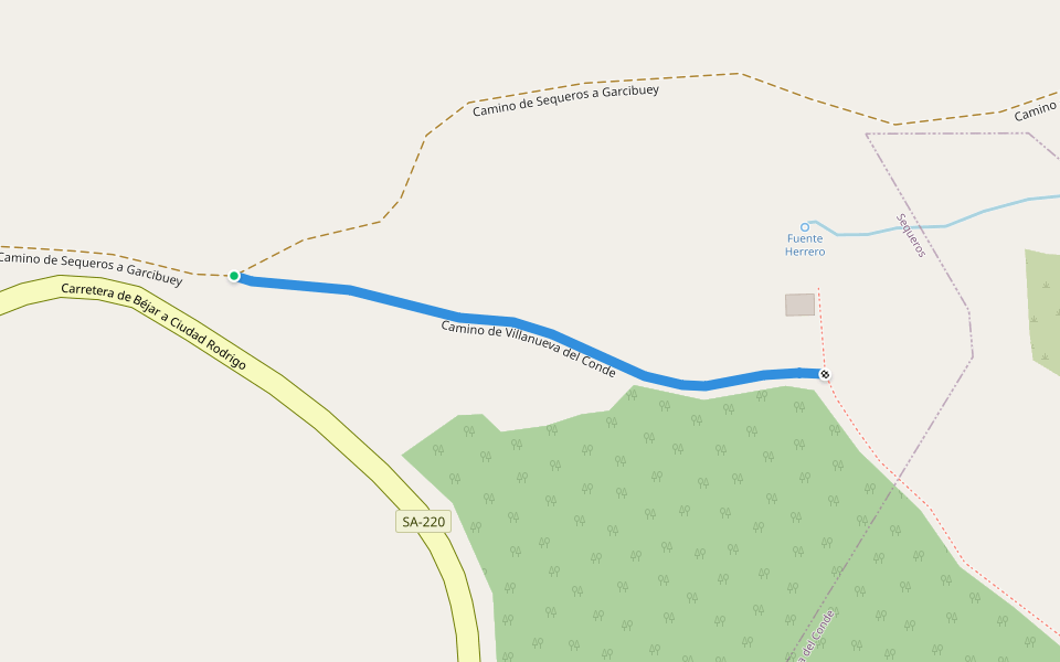 Camino de Villanueva del Conde walking route map in Sequeros