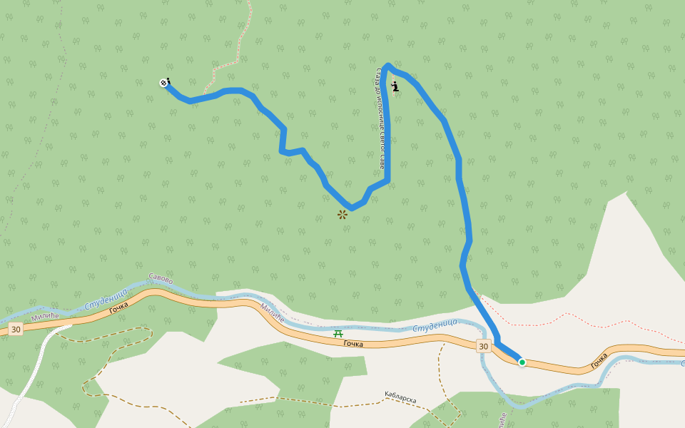Стаза до испоснице Светог Саве walking route map in Савово