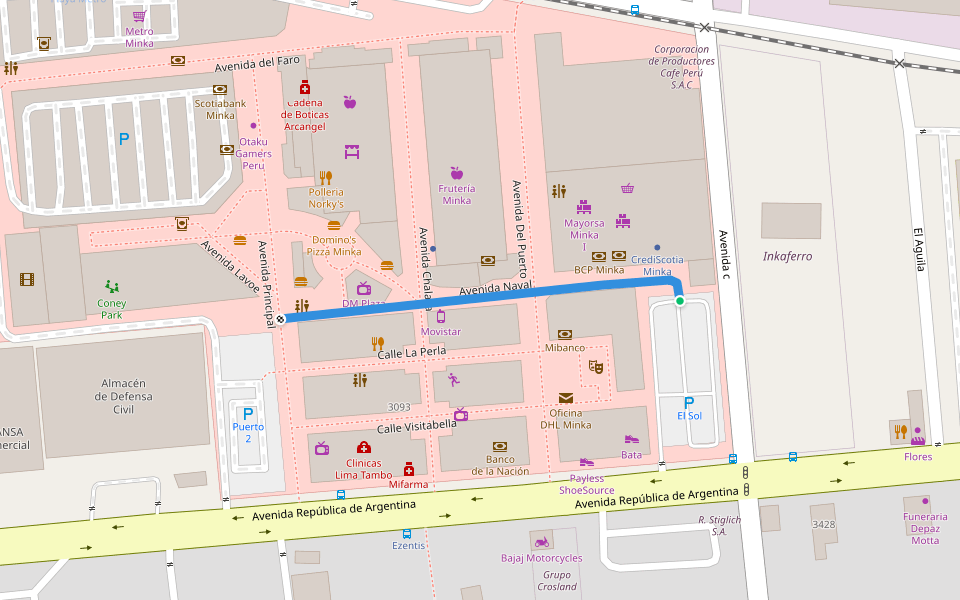Avenida Naval walking route map in Callao