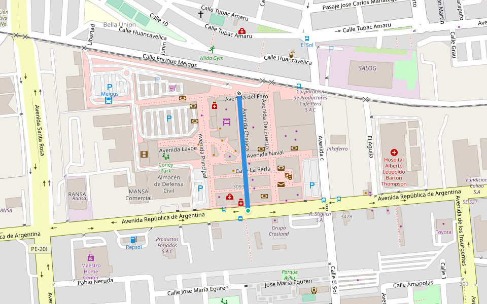 Avenida Chalaca walking route map in Callao