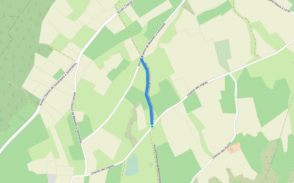 Ancien Chemin de Restinclières à Saint-Hilaire walking route map in Beaulieu