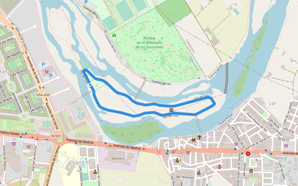 Isla del Soto walking route map in Santa Marta de Tormes