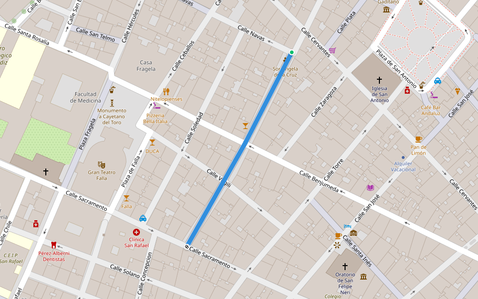 Plaza Viudas walking route map in Cádiz