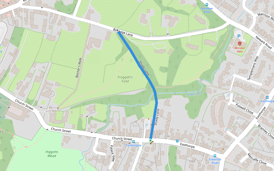 Shady Lane walking route map in Southwell