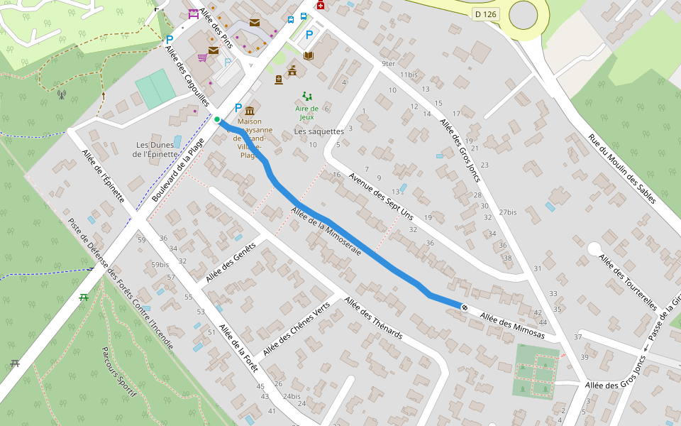 Allée de la Mimoseraie walking route map in Le Grand-Village-Plage