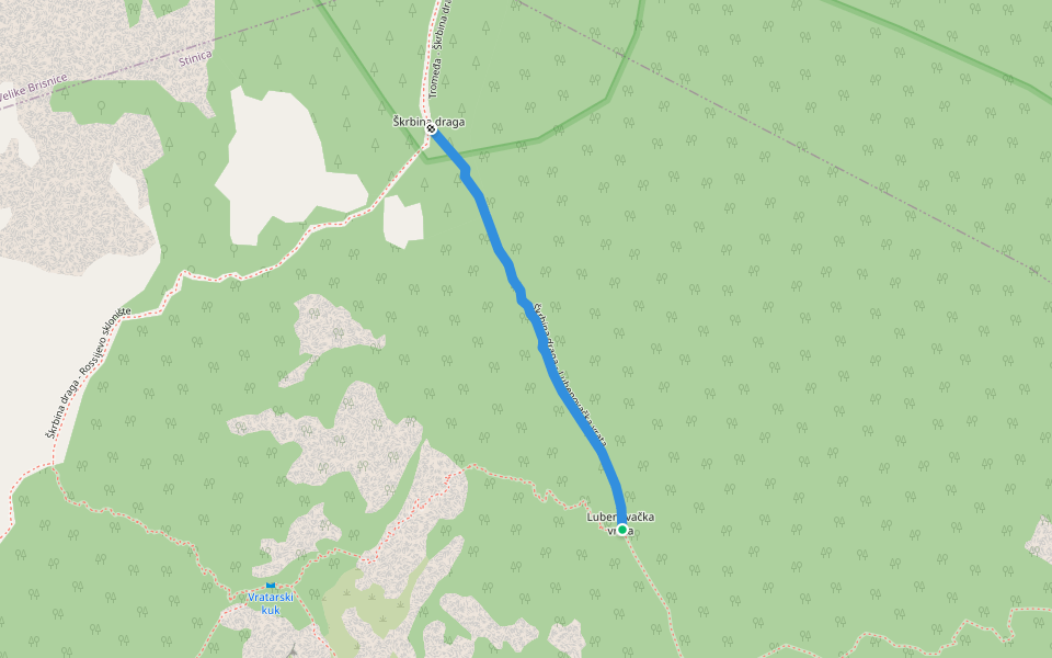 Škrbina draga - Lubenovačka vrata walking route map in Krasno