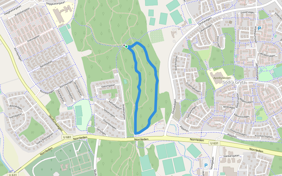 Rönnby motionsspår, södra walking route map in Västerås