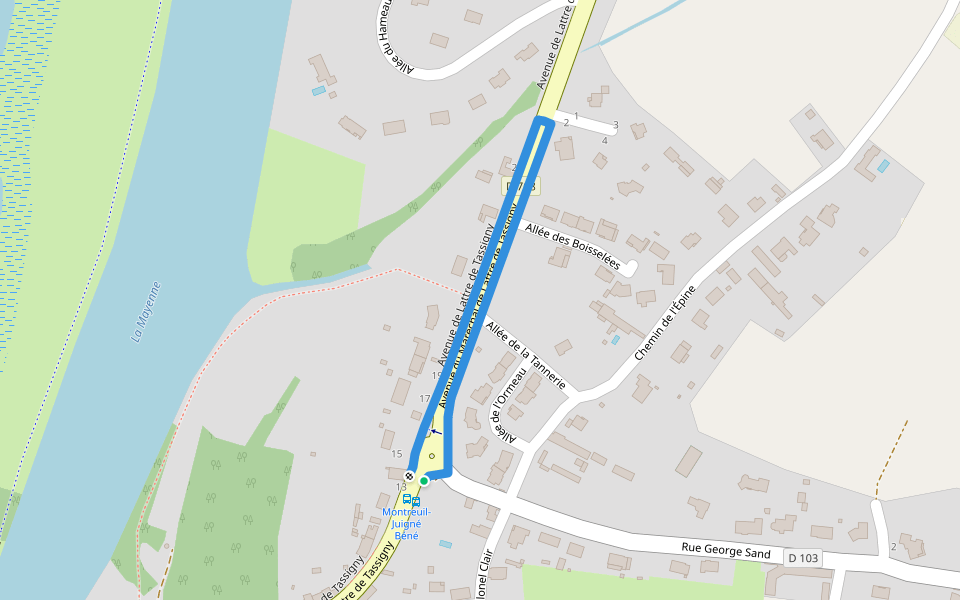Avenue de Lattre de Tassigny walking route map in Montreuil-Juigné