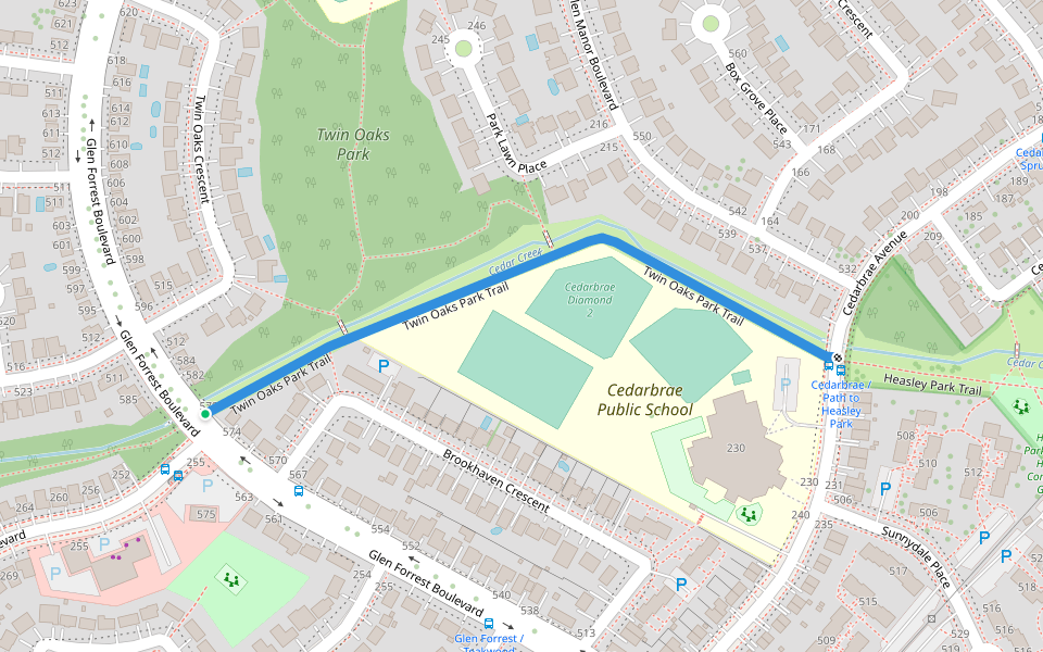 Twin Oaks Park Trail walking route map in Waterloo