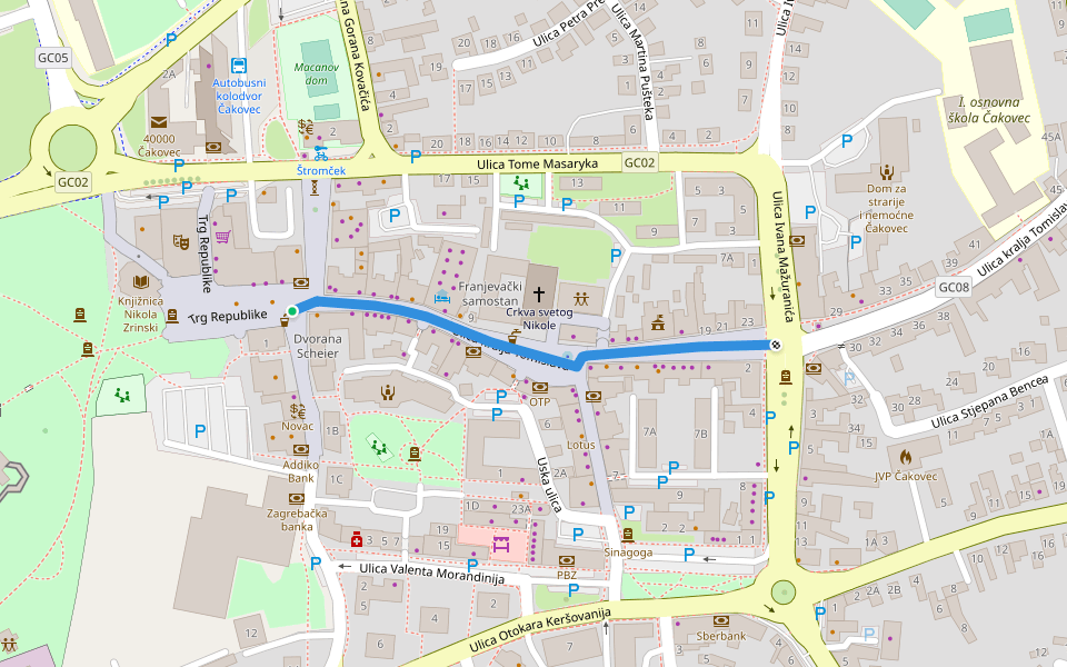 Ulica kralja Tomislava walking route map in Gornji Kuršanec