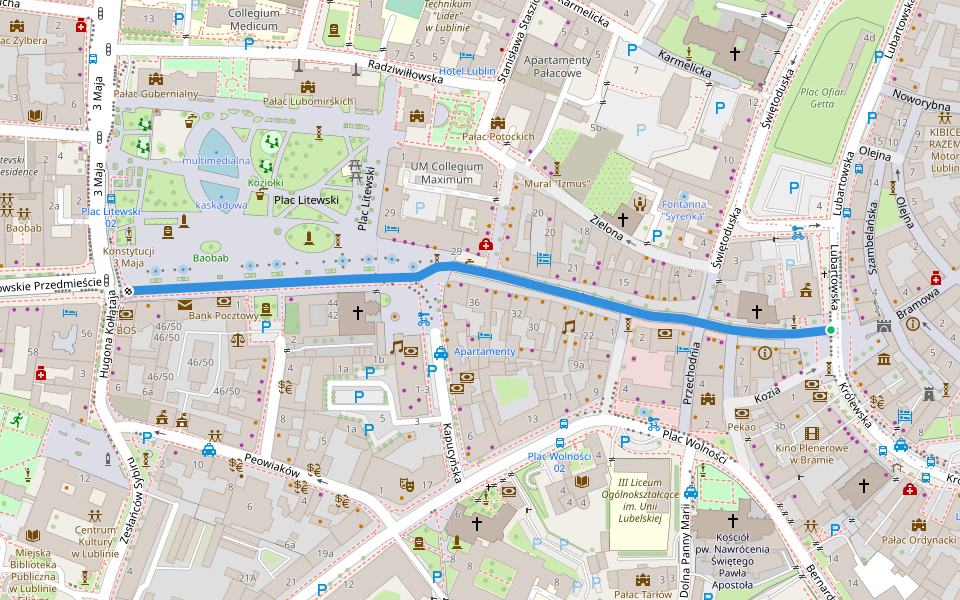Krakowskie Przedmieście walking route map in Lublin
