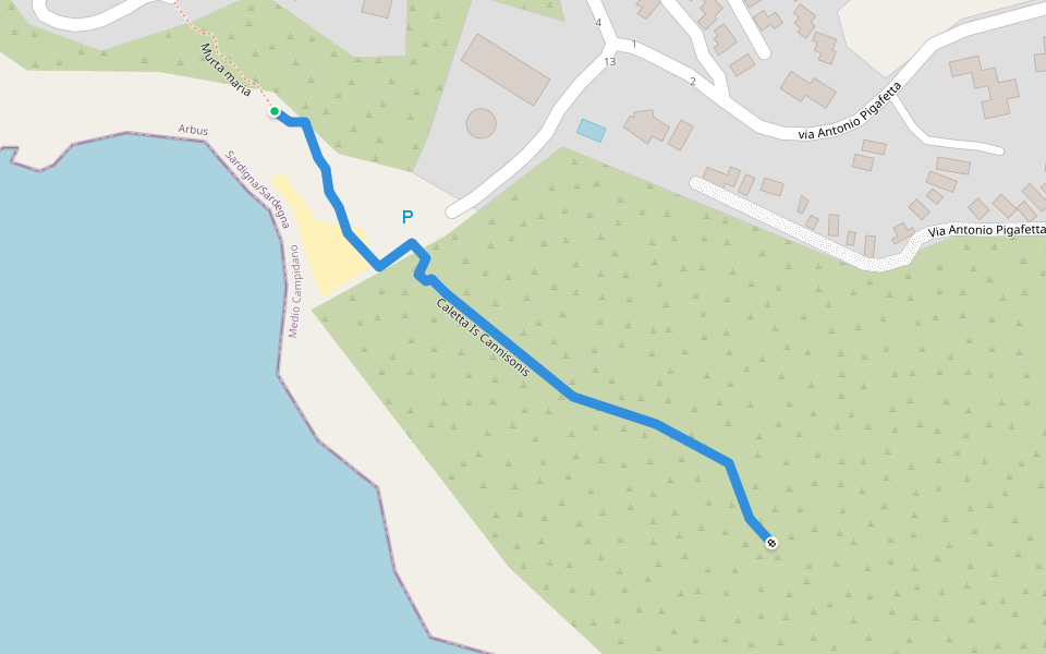 Caletta Is Cannisonis walking route map in Torre dei Corsari