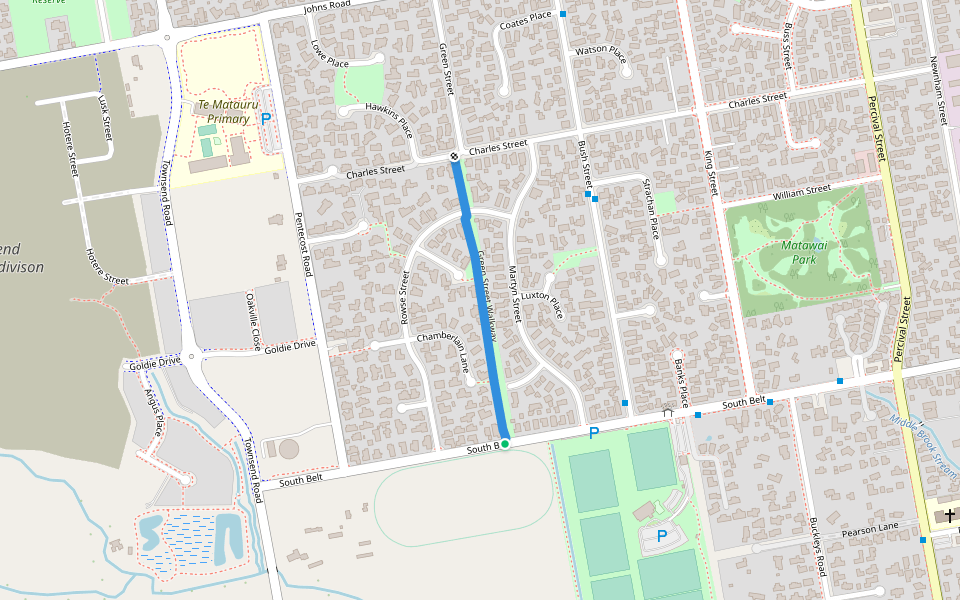 Green Street Walkway walking route map in Rangiora