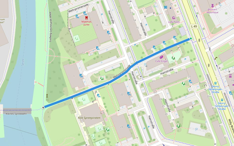 Wehrpromenade walking route map in Cottbus