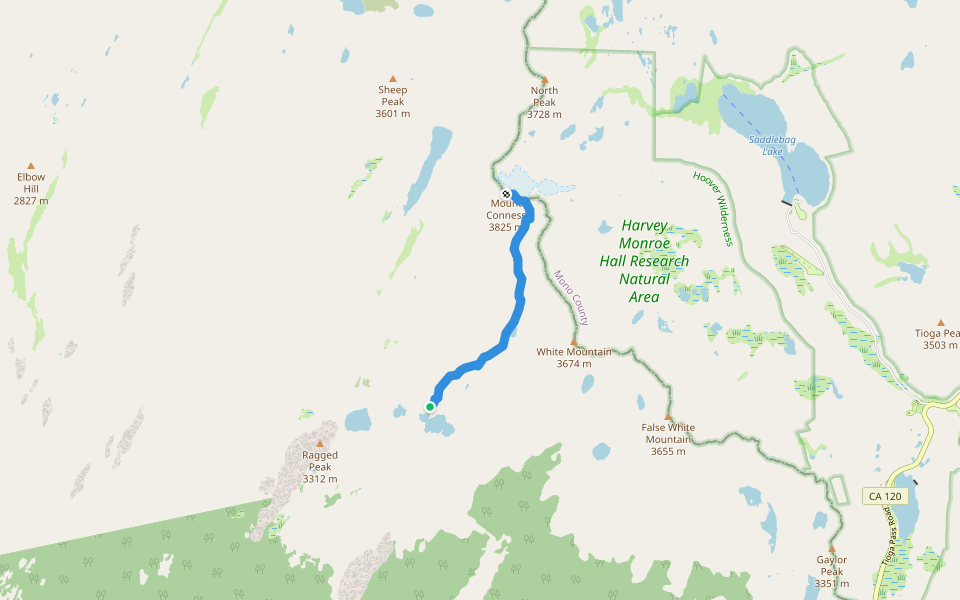 Mount Conness South Slope Route walking route map in Lee Vining