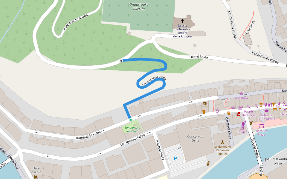 Kanposantu bidea walking route map in Ondarroa