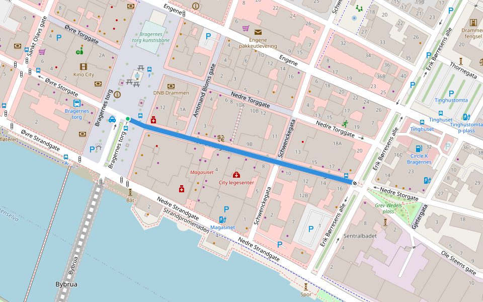 Nedre Storgate walking route map in Drammen