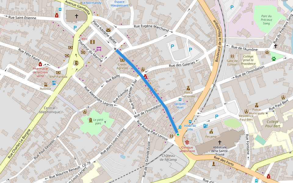 Rue Jacques Huet walking route map in Fécamp
