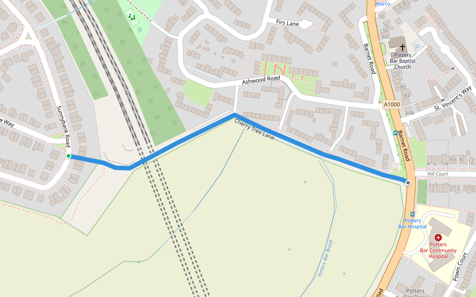 Cherry Tree Lane walking route map in Potters Bar