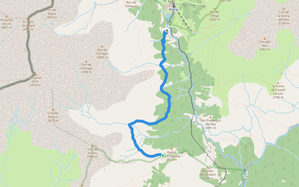 Camí de Núria a Fontalba walking route map in Queralbs