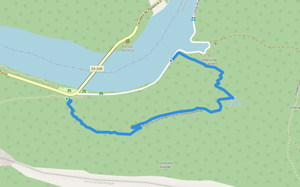 Ruta roja: Fuente del Francés-Caseta camineros walking route map in Torrejón el Rubio
