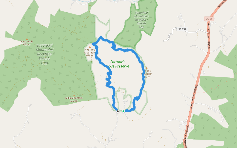Fortune's Cove Yellow Trail walking route map in Lovingston