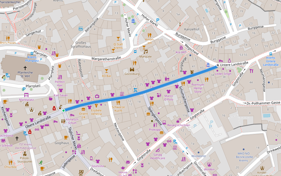 Untere Landstraße walking route map in Krems an der Donau