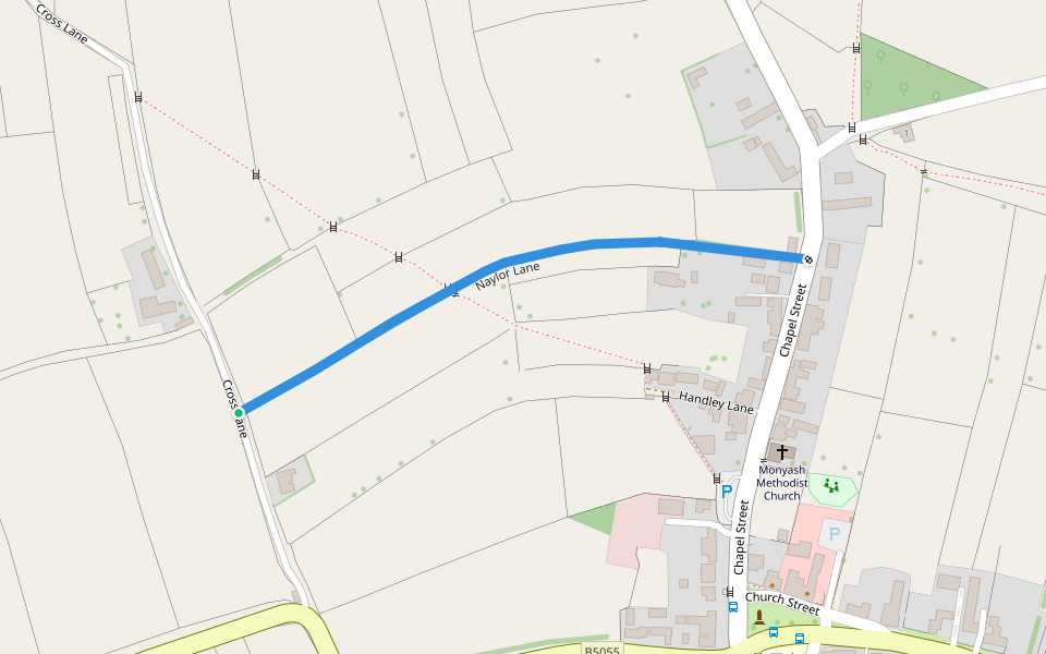 Naylor Lane walking route map in Monyash