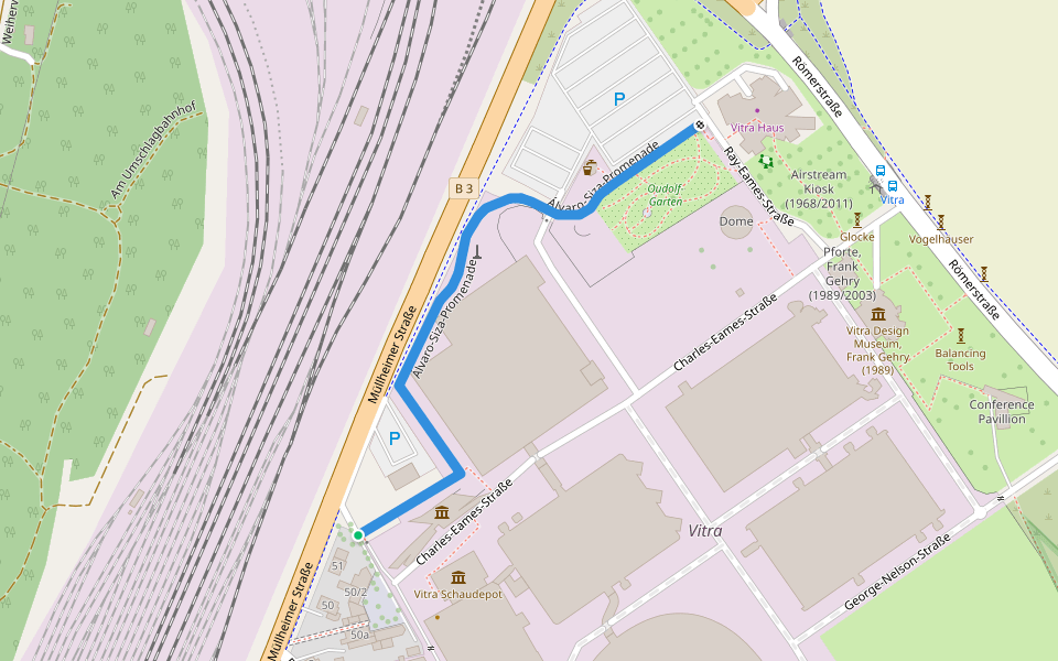 Álvaro-Siza-Promenade walking route map in Weil am Rhein