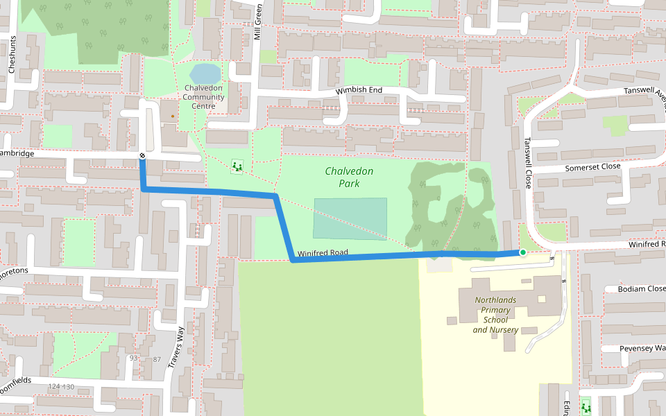 Winifred Road walking route map in Basildon