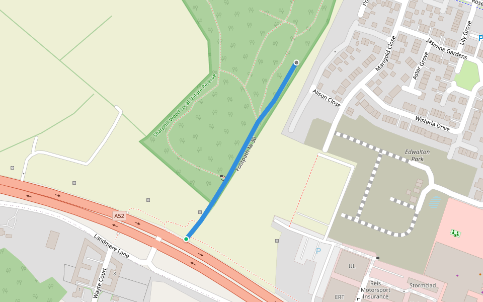 Footpath № 30 walking route map in Ruddington