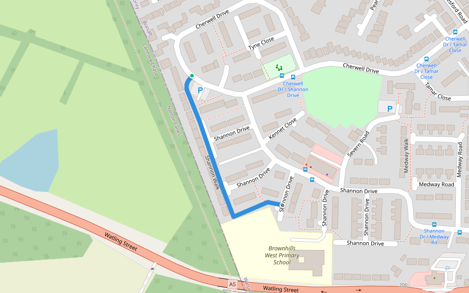 Shannon Walk walking route map in Brownhills