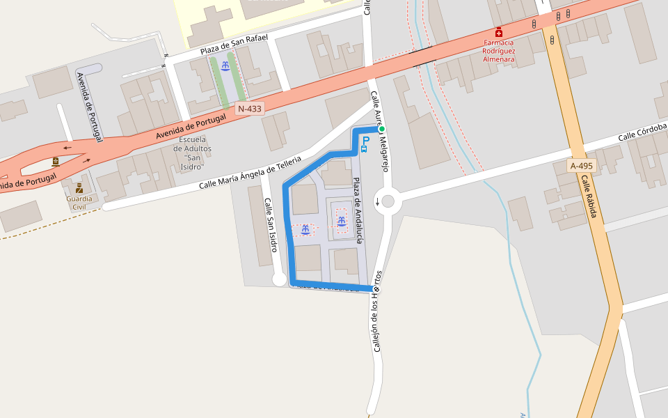Plaza de Andalucía walking route map in Rosal de la Frontera