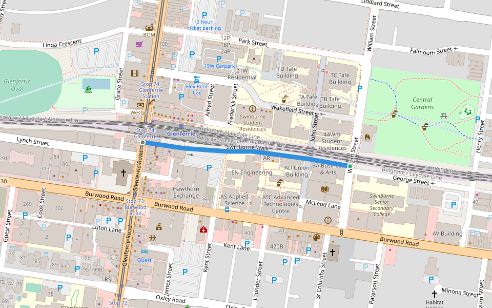 Swinburne Walk walking route map in Hawthorn